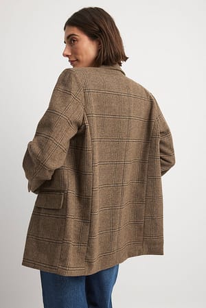 Brown Check Blazer surdimensionné en laine mélangée à carreaux