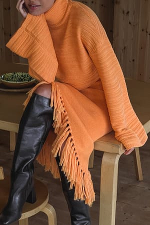 Orange Wool Blend Asymmetric Fringe Hem Skirt
