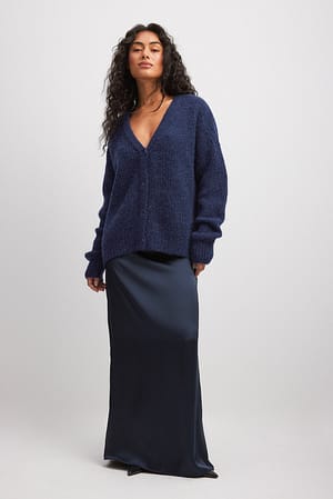 Navy Wool Blend Oversized V-neck Cardigan