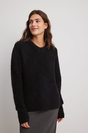 Black Alpaca Wool Blend V-neck Sweater