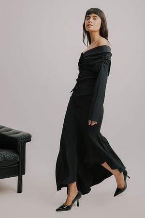 Black Woven Asymmetric Midi Skirt