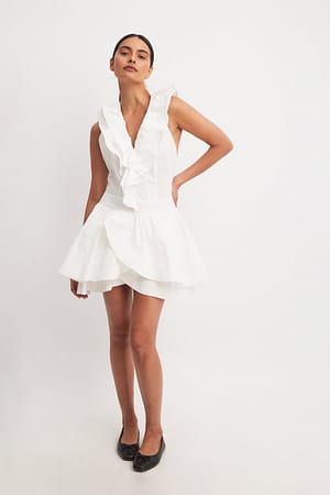 White Woven Flounce Detail Mini Dress