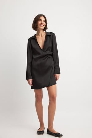 Black Wrap Satin Mini Shirt Dress