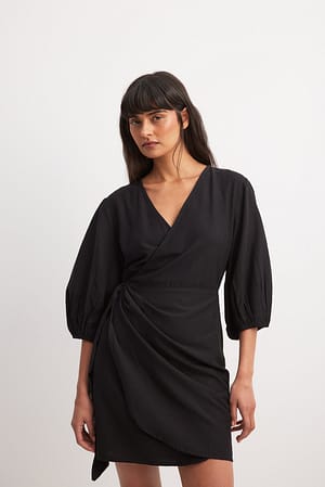 Black Wrapped Linen Mix Mini Dress
