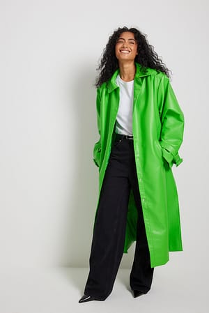 Green Wrinkled Detailed Long PU Trench Coat