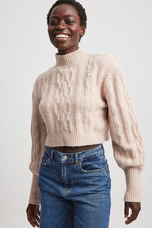 Beige Melange Cable Knitted Short Sweater