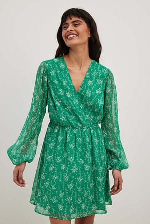 Green Print Mini-jurk met pofmouwen