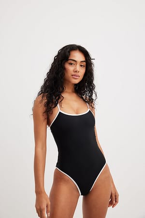 Black/White Contrast Binding Detail Swimsuit