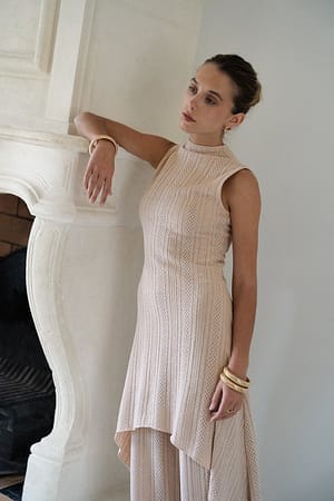 Beige Crochet Sleeveless Midi Dress