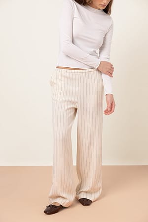 Beige/Black Stripe Pantaloni a vita media con elastico in misto lino