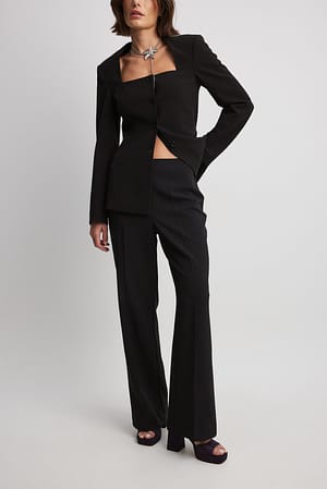 Black Flared Fitted Mid Waist Suit Pants