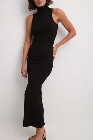 Black High Neck Ribbed Maxi Dress