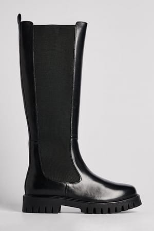 Black Knee High Leather Elastic Boots