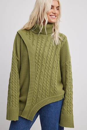 Khaki Knitted Asymmetric Cable Sweater