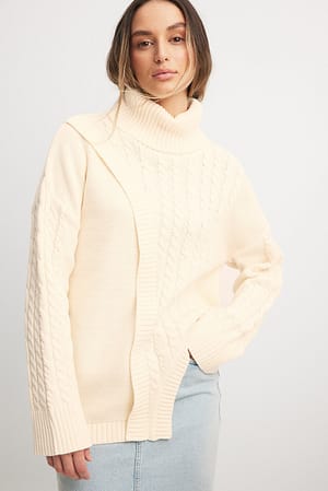 Offwhite Knitted Asymmetric Cable Sweater