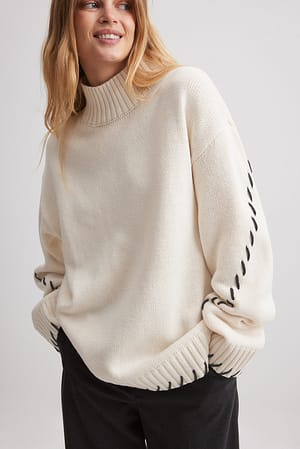 White Knitted Contrast Seam Sweater