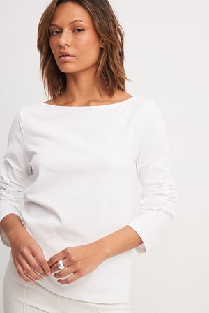 White Long Sleeve Boat Neck Cotton Top