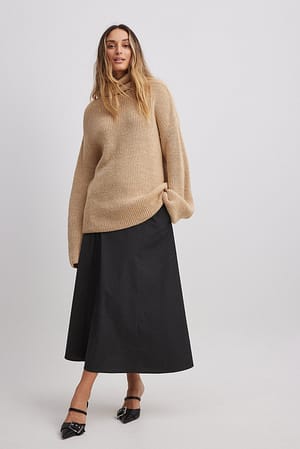 Beige Long Turtle Neck Knitted Sweater