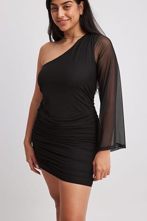 Black Mesh One Shoulder Mini Dress