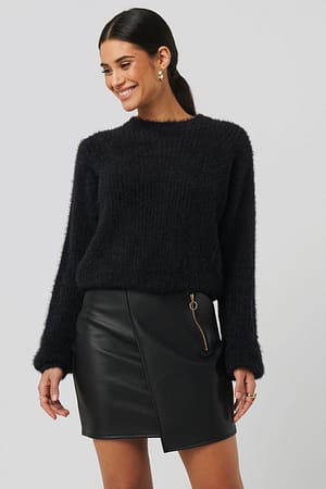 Black Asymmetric PU Zipper Skirt