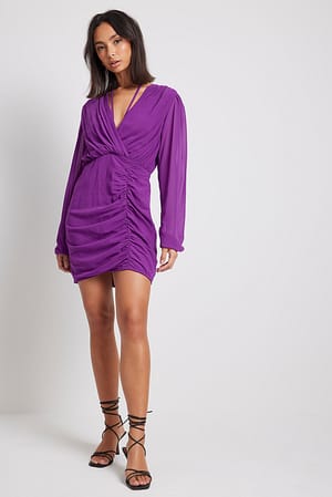 Purple Gathered V-neck Mini Dress