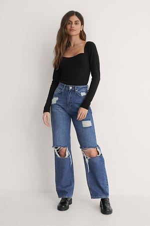 Mid Blue Jeans hohe Taille Used-Look