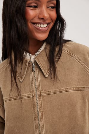 Light Brown Oversized Zip Closure Denim Jacket