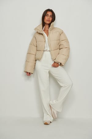 Beige Short Padded Press Button Jacket