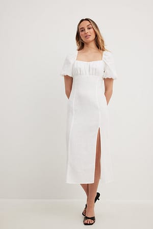 White Ruched Chest Slit Linen Dress