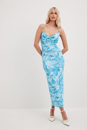 Blue Flower Print Cowl Neck Maxi Dress