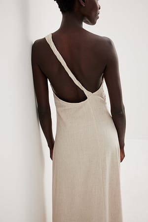 Beige Midi-jurk met one-shoulder en gedraaid detail