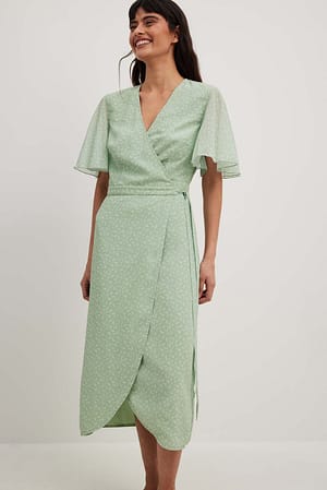 Green Branch Pattern Midi-jurk met korte mouwen