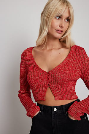 Red Rib Knitted Cropped Glitter Cardigan