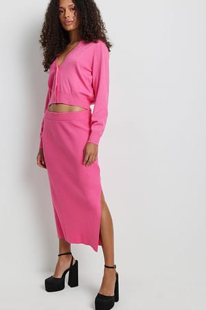 Pink Ribgebreide rok met hoge taille