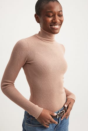 Beige Ribbed High Neck Knitted Sweater