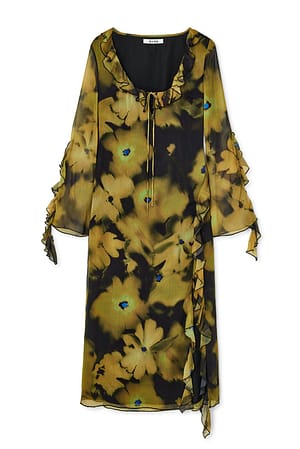 Flower Print Ruffle Detail High Slit Maxi Dress
