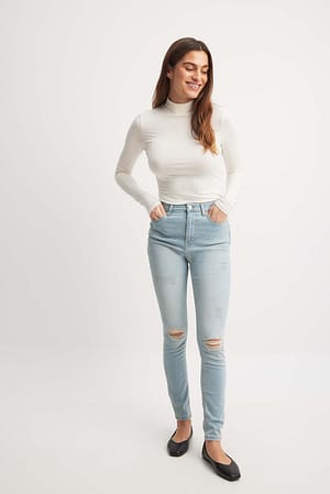 Light Blue Versleten skinny jeans met hoge taille