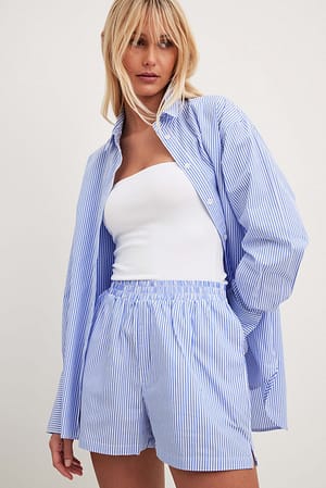 Blue/White Striped Elastic Waist Cotton Shorts