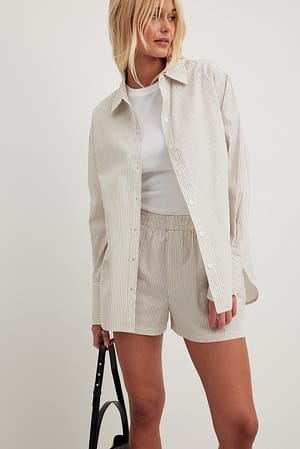 Beige/White Striped Elastic Waist Cotton Shorts