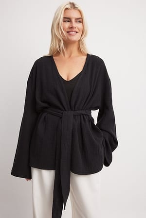 Black Structured Flowy Belted Blouse