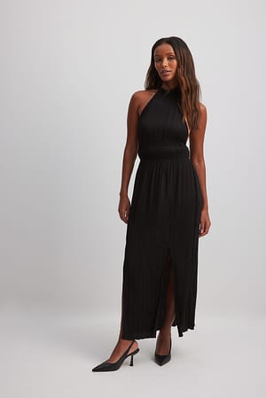 Black Gestructureerde maxi-jurk met halternek