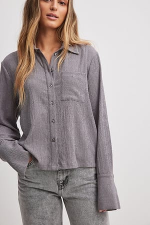 Dark Grey Strukturierte Hemdbluse mit langen Ärmeln und Taschen