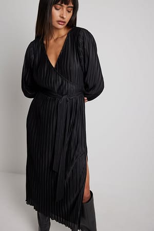 Black Gestructureerde midi-jurk met overslag