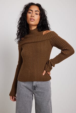 Brown Gerippter Strickpullover Two-In-One