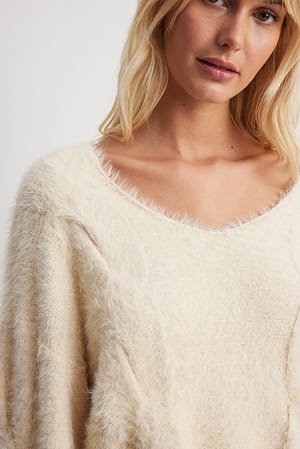 Beige V-Neck Knitted Cable Sweater